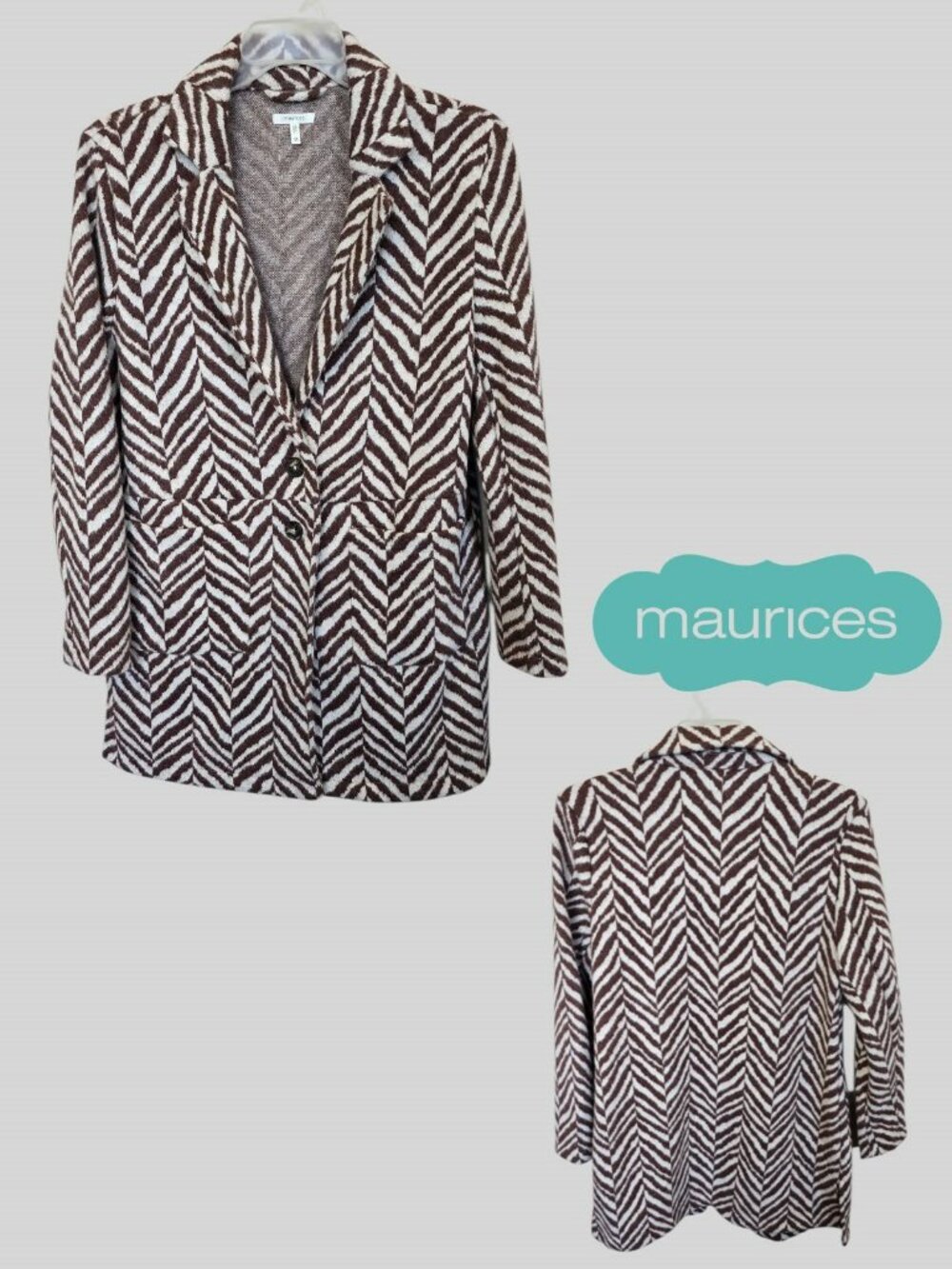 MAURICES  Brown and Cream Chevron Patterned  Coatigan Peacot Cardigan Womens M